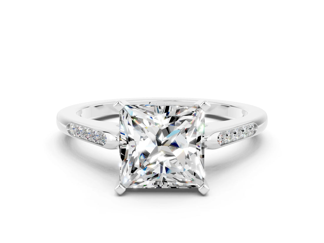 White gold Princess Cut Cut Channel Set Solitaire Engagement Ring with Four-Prong Setting