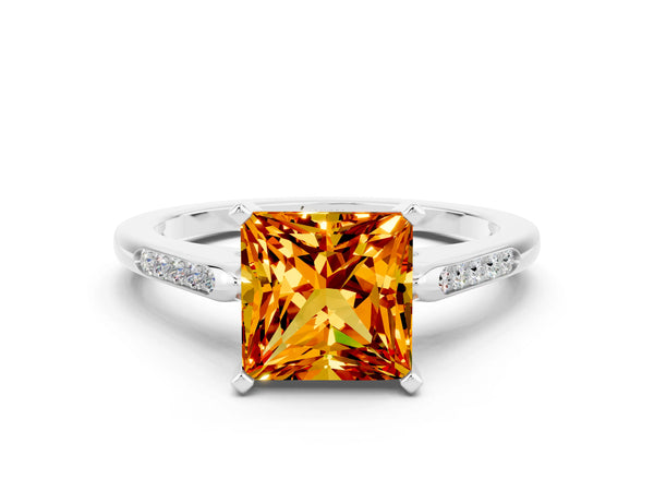 Platinum Princess Cut Citrine Solitaire Ring with Channel Set Round Band and Prong Setting