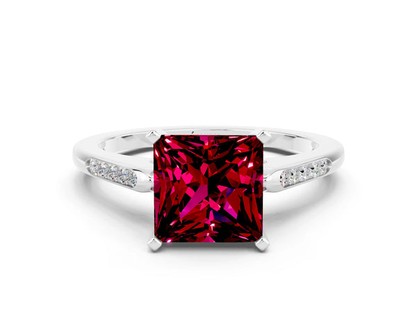 White gold Princess Cut Garnet Solitaire Ring with Channel Set Round Band and Prong Setting