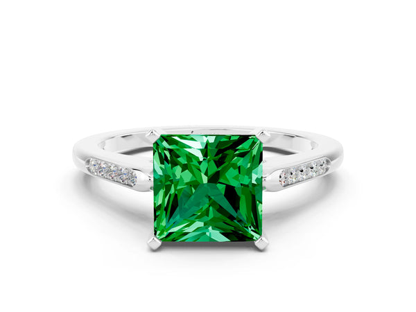 Platinum Princess Cut Emerald Solitaire Ring with Channel Set Round Band and Prong Setting