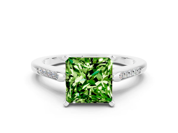 Platinum Princess Cut Peridot Solitaire Ring with Channel Set Round Band and Prong Setting