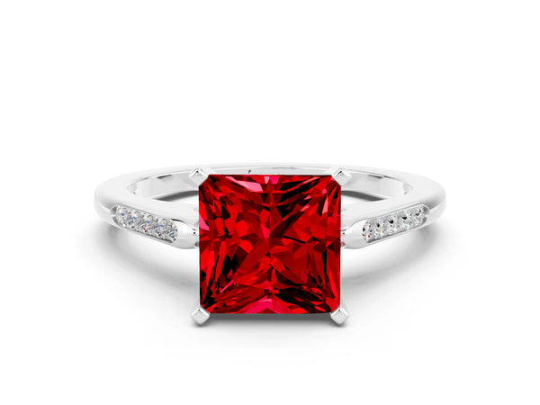 Platinum Princess Cut Ruby Solitaire Ring with Channel Set Round Band and Prong Setting