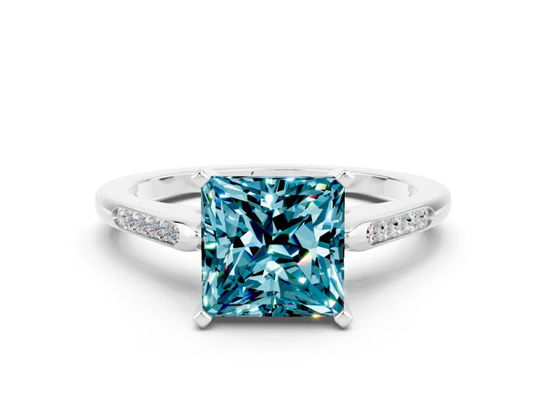White gold Princess Cut Blue Topaz Solitaire Ring with Channel Set Round Band and Prong Setting
