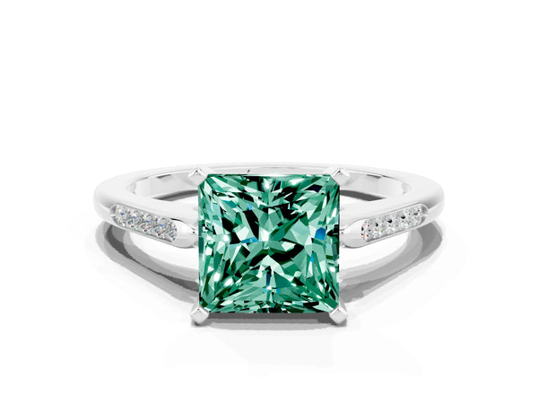 Platinum Princess Cut Green Sapphire Solitaire Ring with Channel Set Round Band and Prong Setting