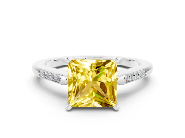 Platinum Princess Cut Yellow Sapphire Solitaire Ring with Channel Set Round Band and Prong Setting