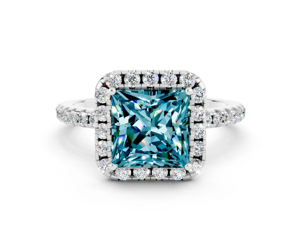 Platinum Princess Cut Cut Diamond Floral Halo Engagement Ring with Pavé Band and Prong Setting