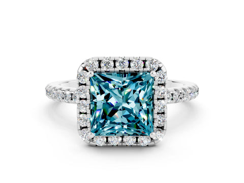White gold Princess Cut Cut Diamond Floral Halo Engagement Ring with Pavé Band and Prong Setting