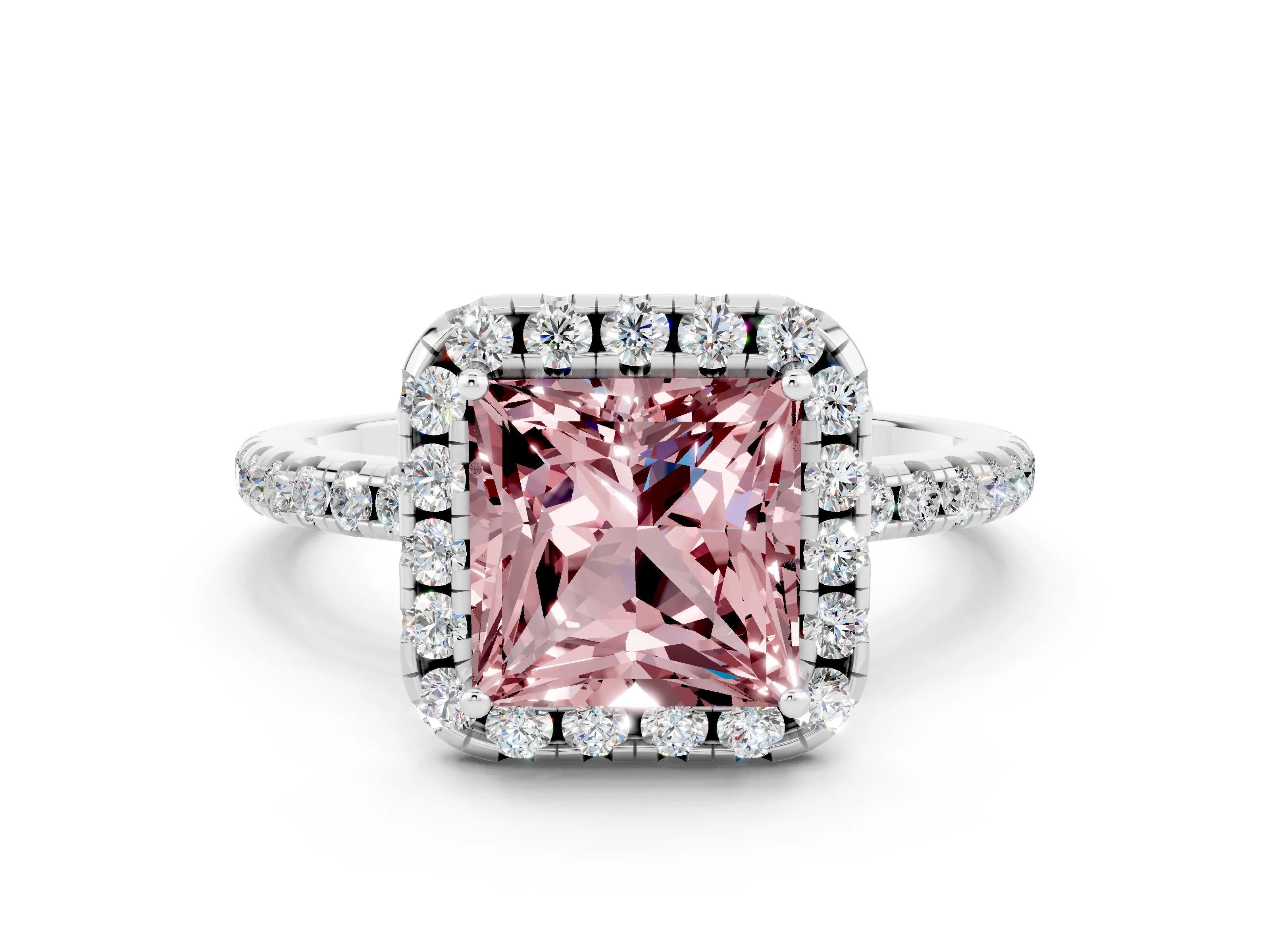 White gold Princess Cut Cut Diamond Floral Halo Engagement Ring with Pavé Band and Prong Setting