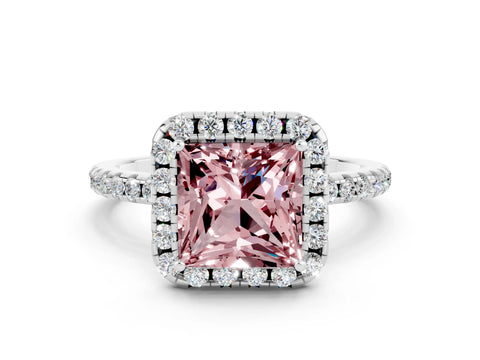 White gold Princess Cut Cut Diamond Floral Halo Engagement Ring with Pavé Band and Prong Setting