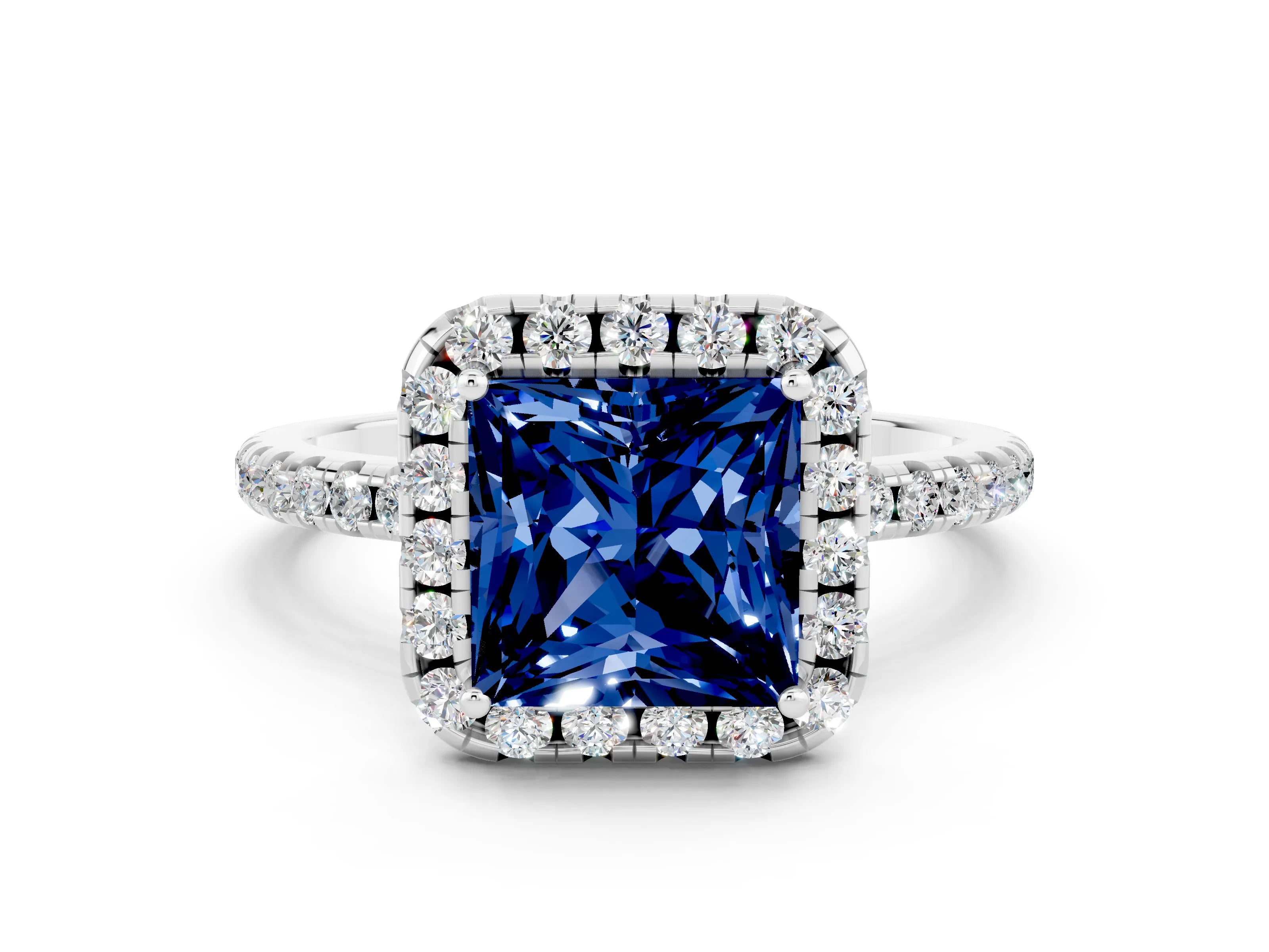 White gold Princess Cut Cut Diamond Floral Halo Engagement Ring with Pavé Band and Prong Setting