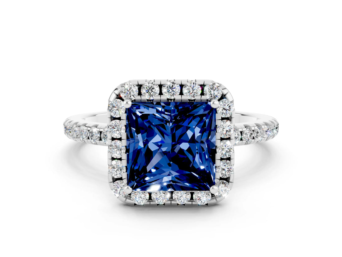 White gold Princess Cut Cut Diamond Floral Halo Engagement Ring with Pavé Band and Prong Setting