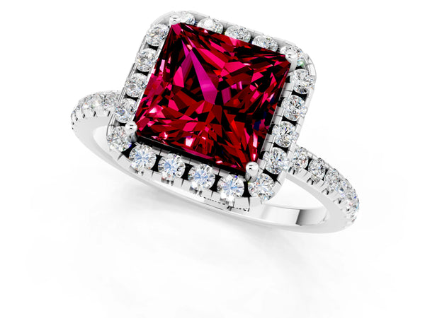 White gold Princess Cut Garnet Halo Engagement Ring with Round Pavé Band and Prong Setting