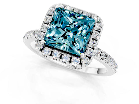 White gold Princess Cut Cut Diamond Floral Halo Engagement Ring with Pavé Band and Prong Setting_1