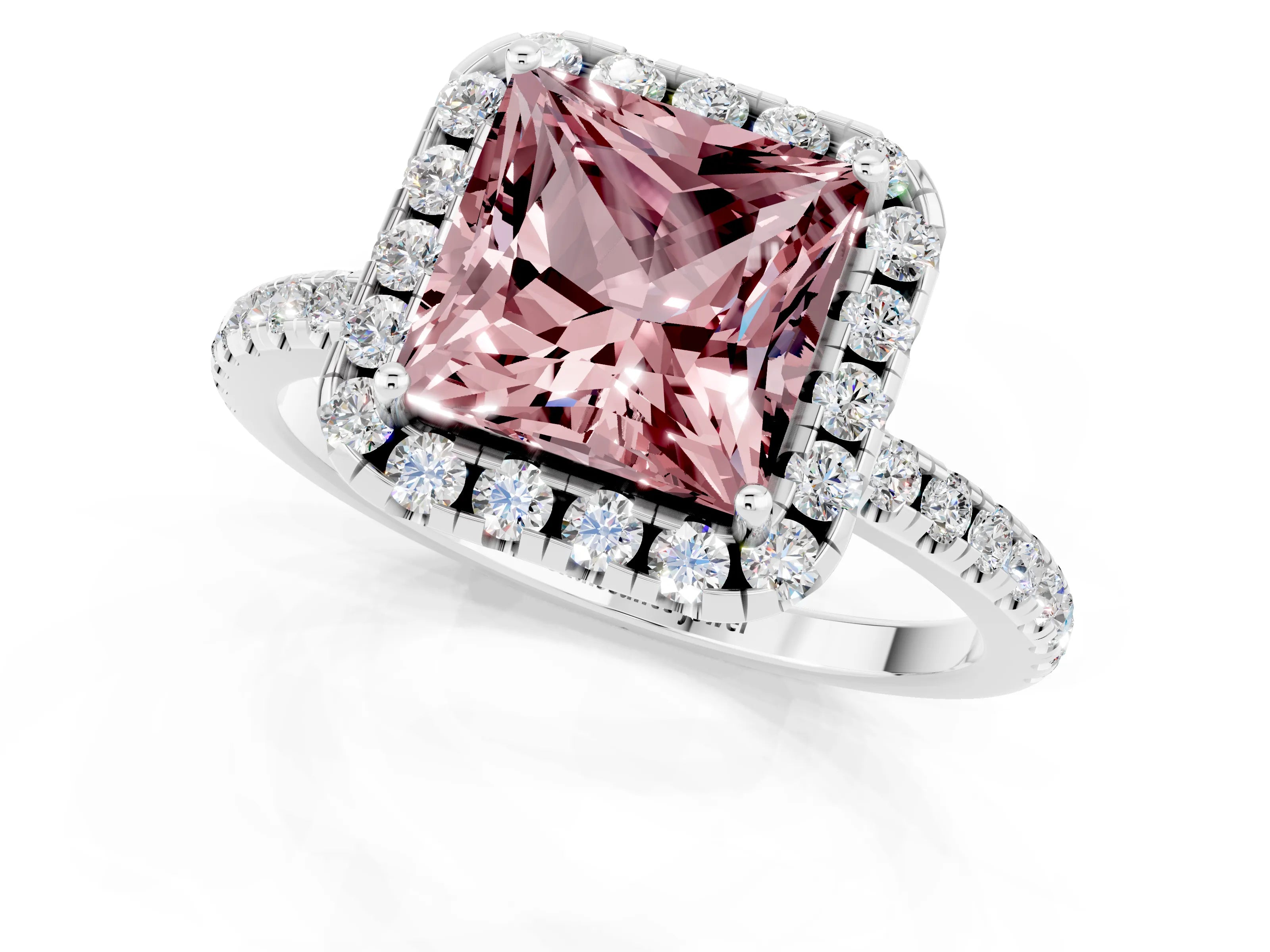 White gold Princess Cut Cut Diamond Floral Halo Engagement Ring with Pavé Band and Prong Setting_1