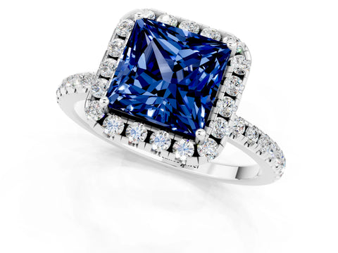 White gold Princess Cut Cut Diamond Floral Halo Engagement Ring with Pavé Band and Prong Setting_1