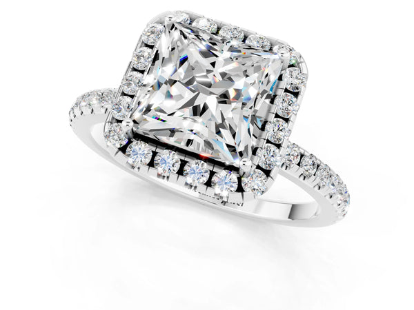 Silver Princess Cut Moissanite Halo Engagement Ring with Round Pavé Band and Prong Setting
