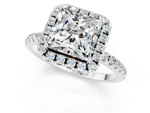White gold Princess Cut Cut Diamond Floral Halo Engagement Ring with Pavé Band and Prong Setting_1