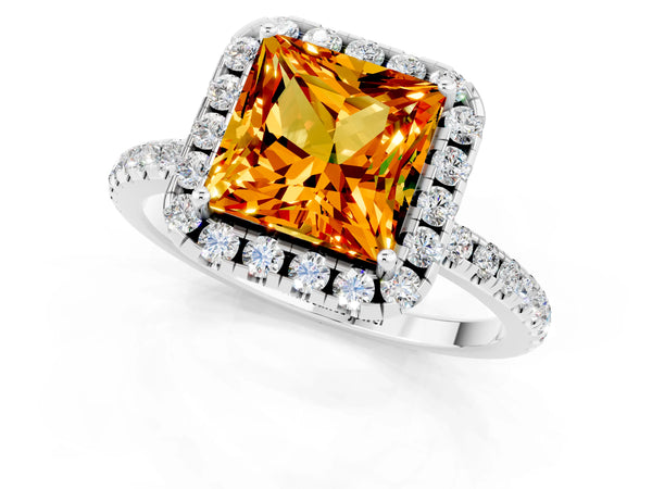 White gold Princess Cut Citrine Halo Engagement Ring with Round Pavé Band and Prong Setting