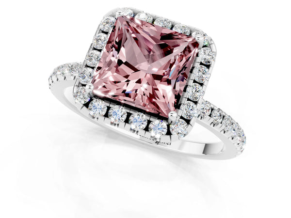 Silver Princess Cut Cut Diamond Floral Halo Engagement Ring with Pavé Band and Prong Setting