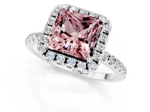 White gold Princess Cut Cut Diamond Floral Halo Engagement Ring with Pavé Band and Prong Setting_1