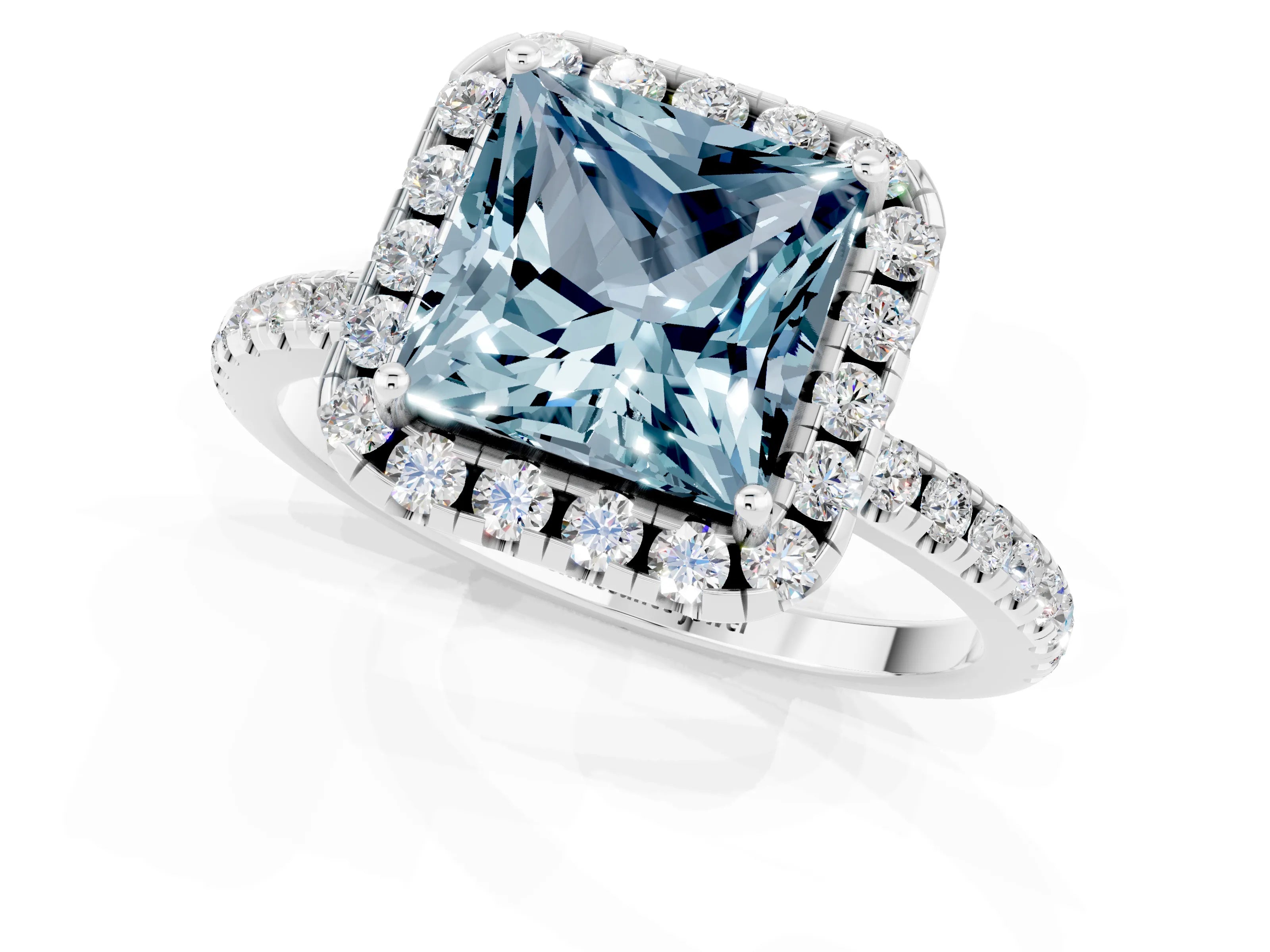 White gold Princess Cut Cut Diamond Floral Halo Engagement Ring with Pavé Band and Prong Setting_1