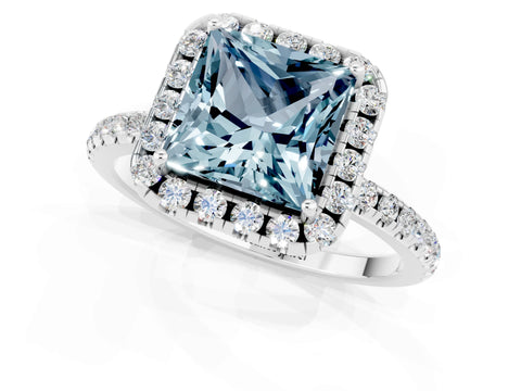 White gold Princess Cut Cut Diamond Floral Halo Engagement Ring with Pavé Band and Prong Setting_1