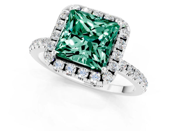 Platinum Princess Cut Green Sapphire Halo Engagement Ring with Round Pavé Band and Prong Setting