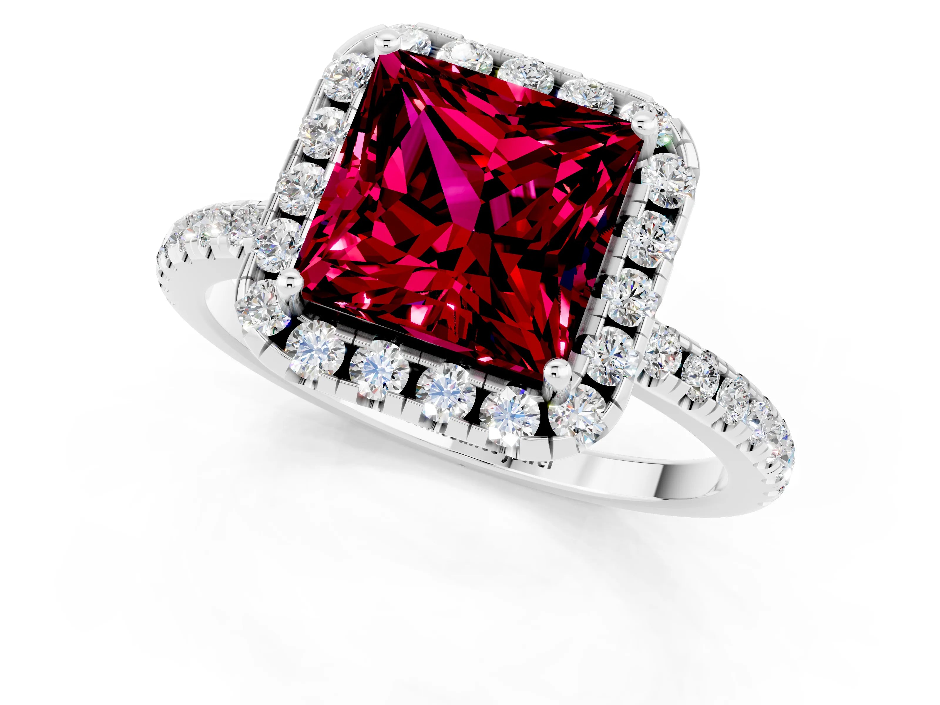 White gold Princess Cut Cut Diamond Floral Halo Engagement Ring with Pavé Band and Prong Setting_1
