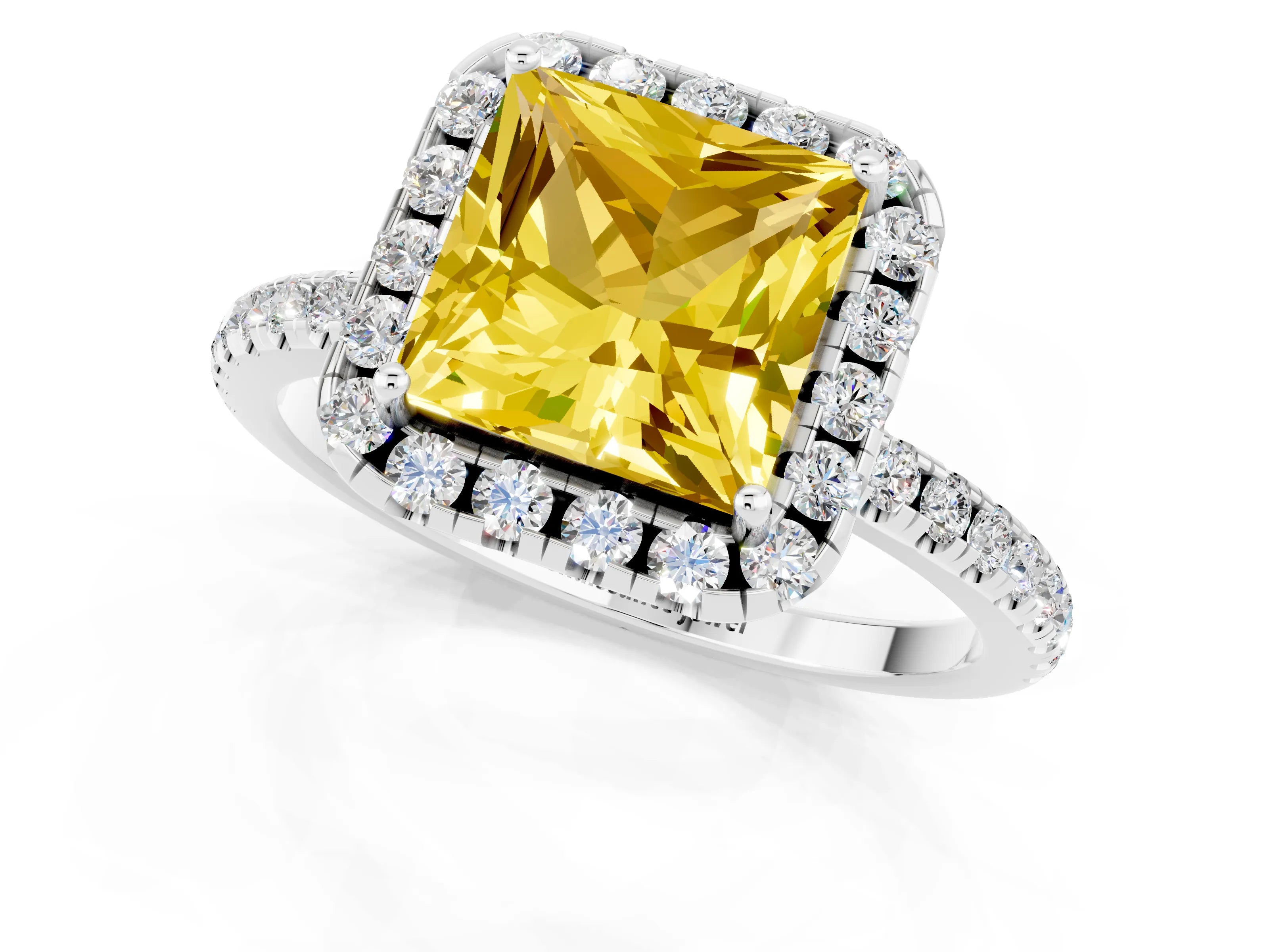 White gold Princess Cut Cut Diamond Floral Halo Engagement Ring with Pavé Band and Prong Setting_1