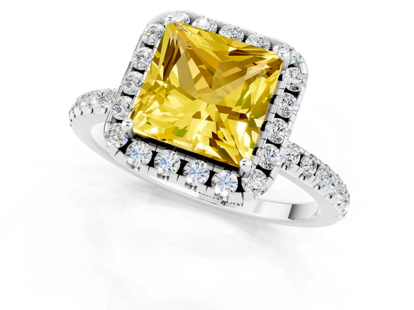 Silver Princess Cut Yellow Sapphire Halo Engagement Ring with Round Pavé Band and Prong Setting