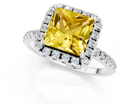 White gold Princess Cut Cut Diamond Floral Halo Engagement Ring with Pavé Band and Prong Setting_1