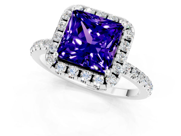 Silver Princess Cut Tanzanite Halo Engagement Ring with Round Pavé Band and Prong Setting