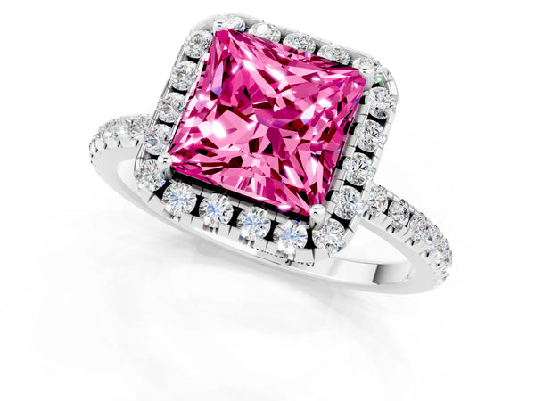Platinum Princess Cut Cut Diamond Floral Halo Engagement Ring with Pavé Band and Prong Setting
