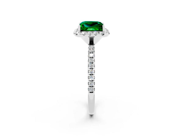 Silver Princess Cut Emerald Halo Engagement Ring with Round Pavé Band and Prong Setting