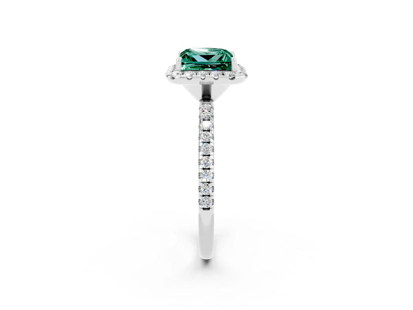 Platinum Princess Cut Green Sapphire Halo Engagement Ring with Round Pavé Band and Prong Setting