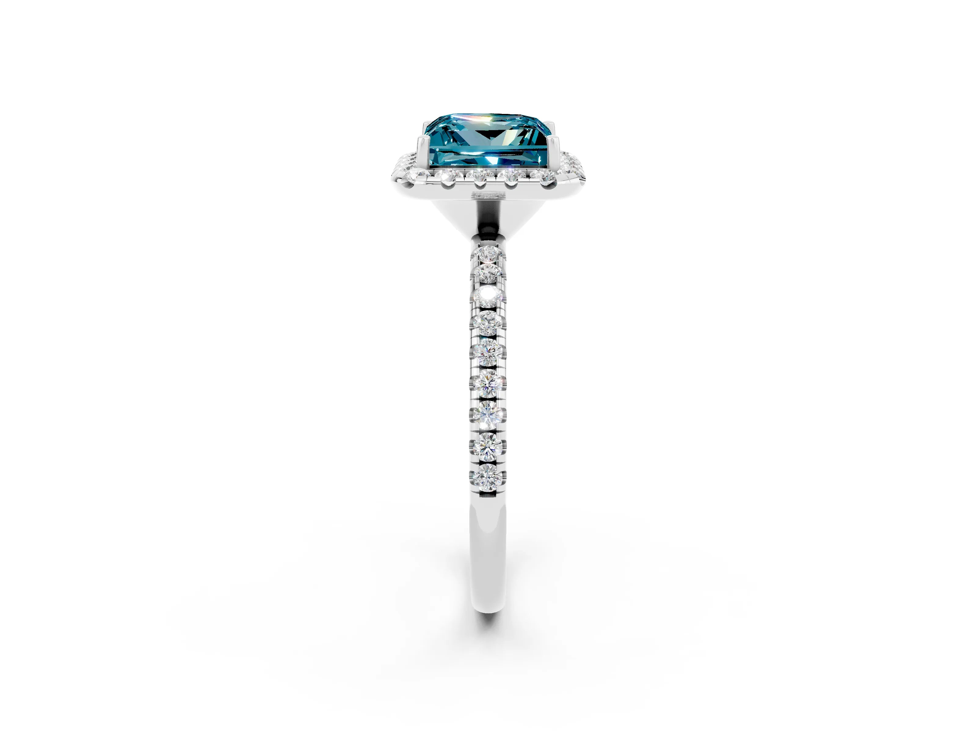 White gold Princess Cut Cut Diamond Floral Halo Engagement Ring with Pavé Band and Prong Setting_2