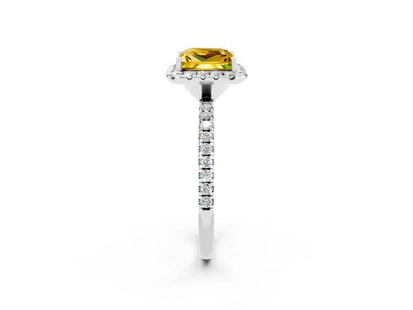 Silver Princess Cut Yellow Sapphire Halo Engagement Ring with Round Pavé Band and Prong Setting