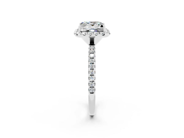 Silver Princess Cut Moissanite Halo Engagement Ring with Round Pavé Band and Prong Setting