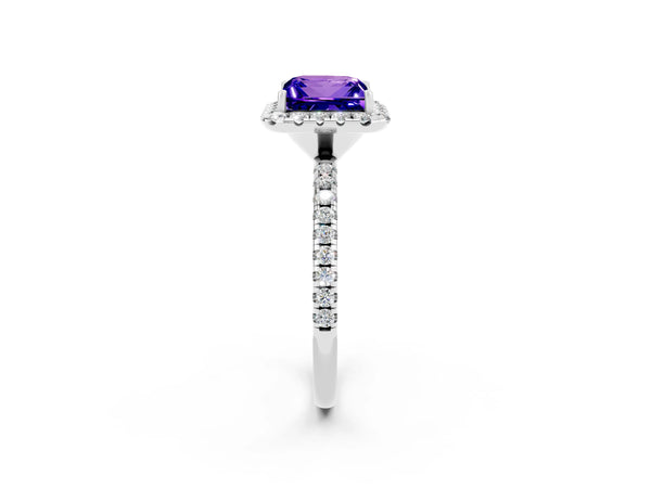Silver Princess Cut Tanzanite Halo Engagement Ring with Round Pavé Band and Prong Setting