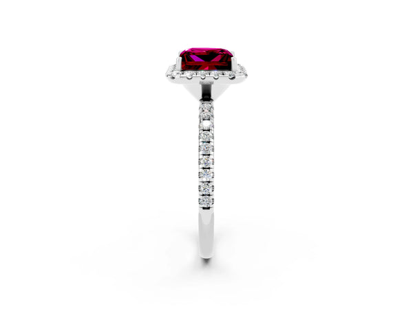 White gold Princess Cut Garnet Halo Engagement Ring with Round Pavé Band and Prong Setting