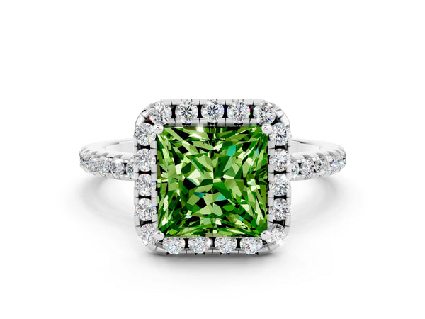 Silver Princess Cut Cut Diamond Floral Halo Engagement Ring with Pavé Band and Prong Setting