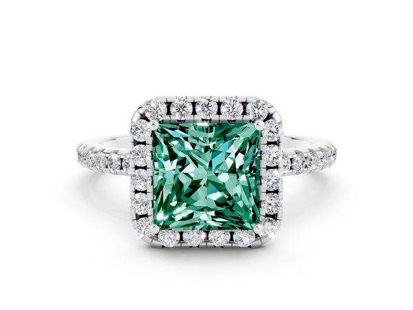 Platinum Princess Cut Green Sapphire Halo Engagement Ring with Round Pavé Band and Prong Setting