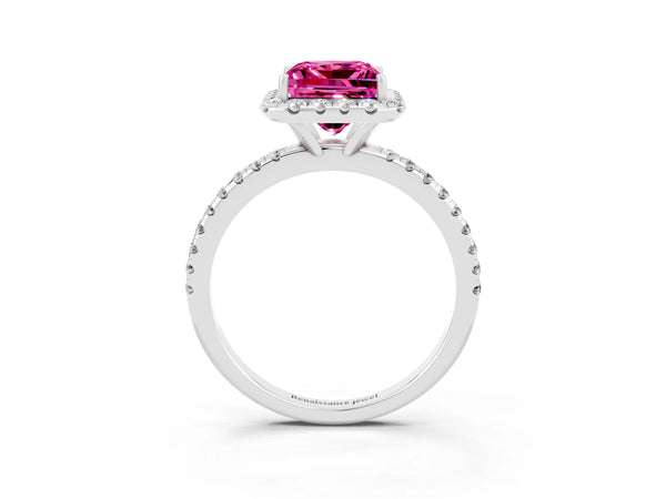 Platinum Princess Cut Cut Diamond Floral Halo Engagement Ring with Pavé Band and Prong Setting