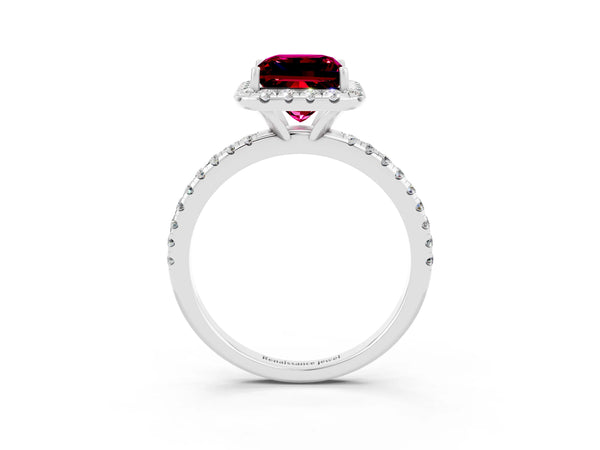 Silver Princess Cut Garnet Halo Engagement Ring with Round Pavé Band and Prong Setting