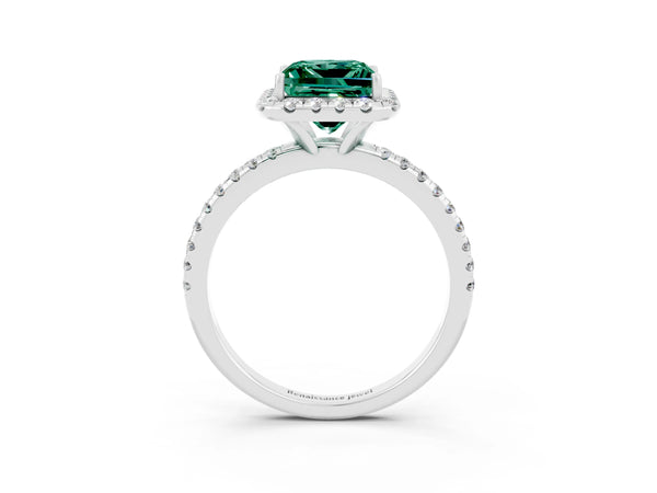 Platinum Princess Cut Green Sapphire Halo Engagement Ring with Round Pavé Band and Prong Setting