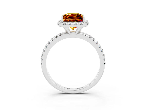 White gold Princess Cut Citrine Halo Engagement Ring with Round Pavé Band and Prong Setting