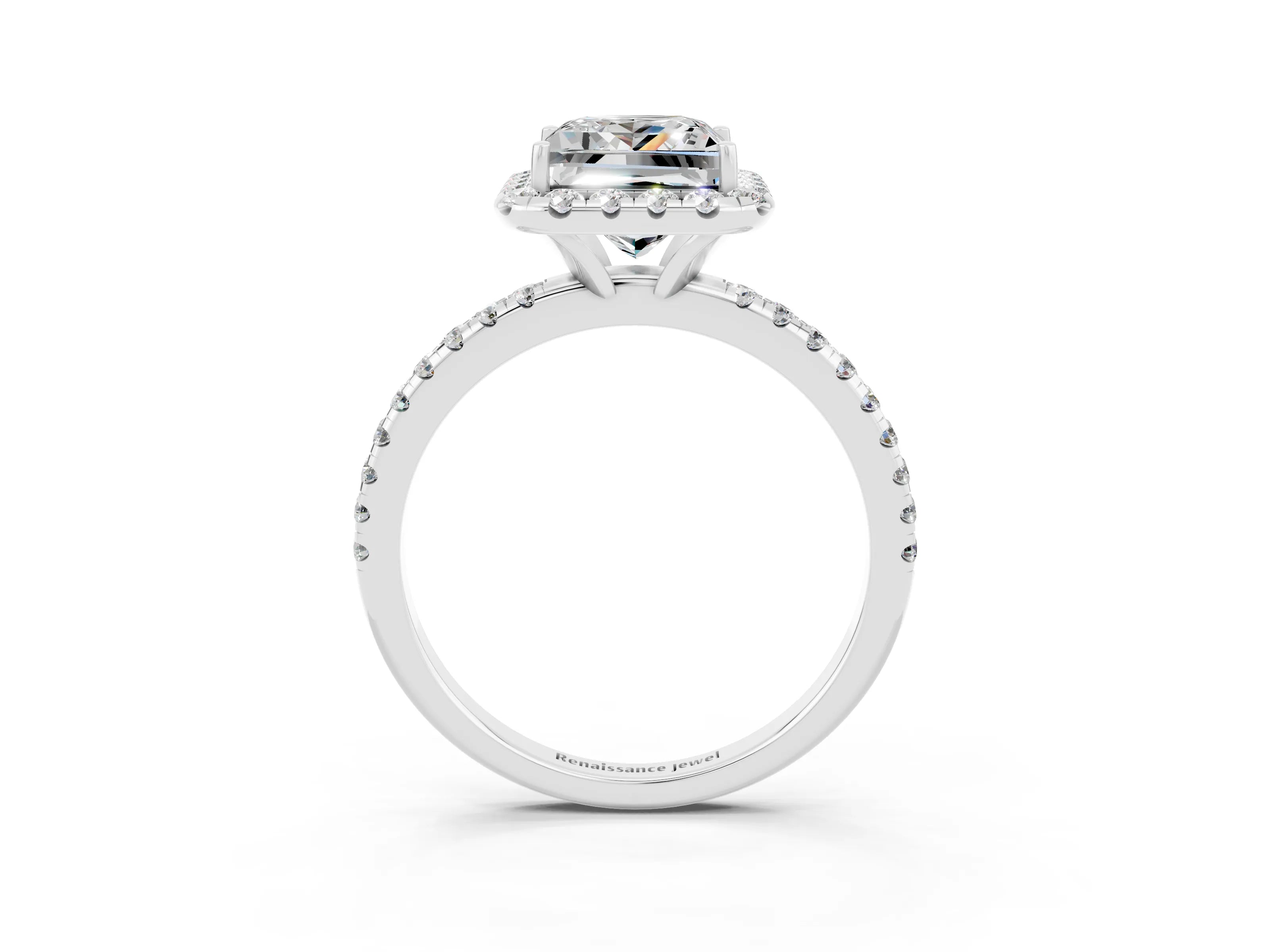 White gold Princess Cut Cut Diamond Floral Halo Engagement Ring with Pavé Band and Prong Setting_3