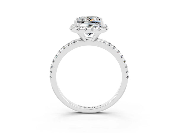 White gold Princess Cut Moissanite Halo Engagement Ring with Round Pavé Band and Prong Setting