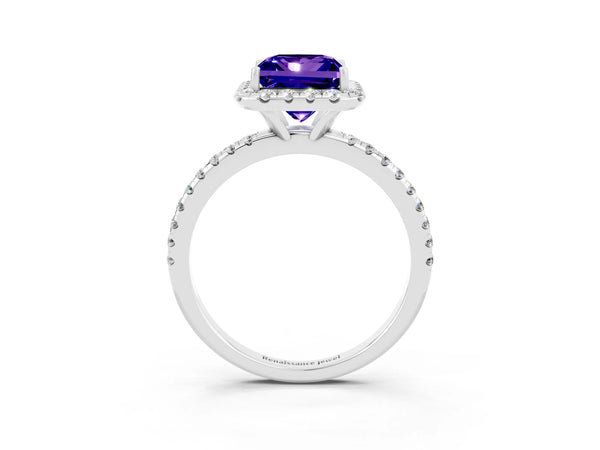 Silver Princess Cut Tanzanite Halo Engagement Ring with Round Pavé Band and Prong Setting