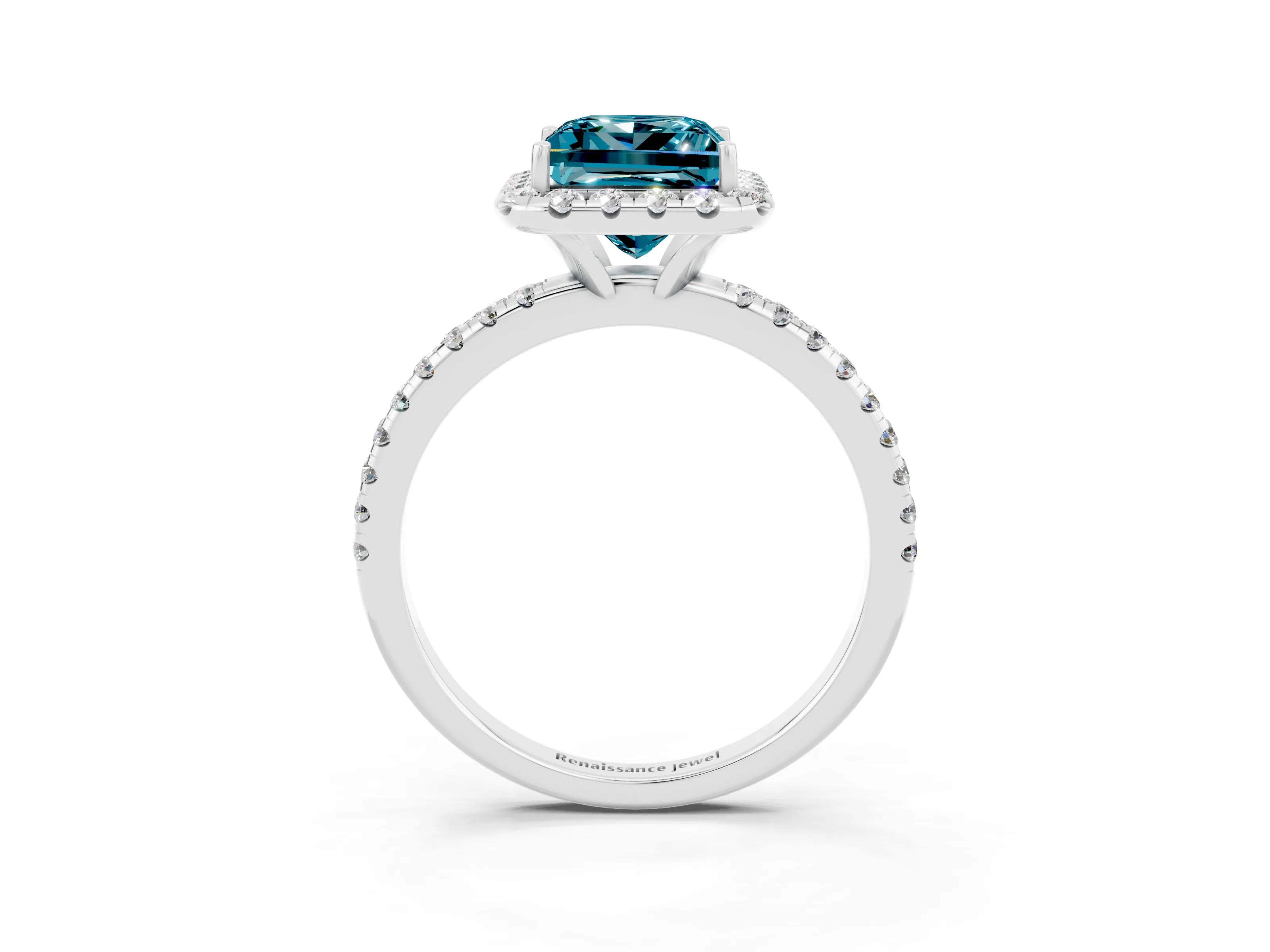 White gold Princess Cut Cut Diamond Floral Halo Engagement Ring with Pavé Band and Prong Setting_3